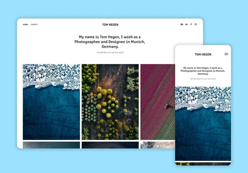 Adobe Portfolio Hegen theme preview showing a vertical portrait-format thumbnail grid for illustrators and print designers