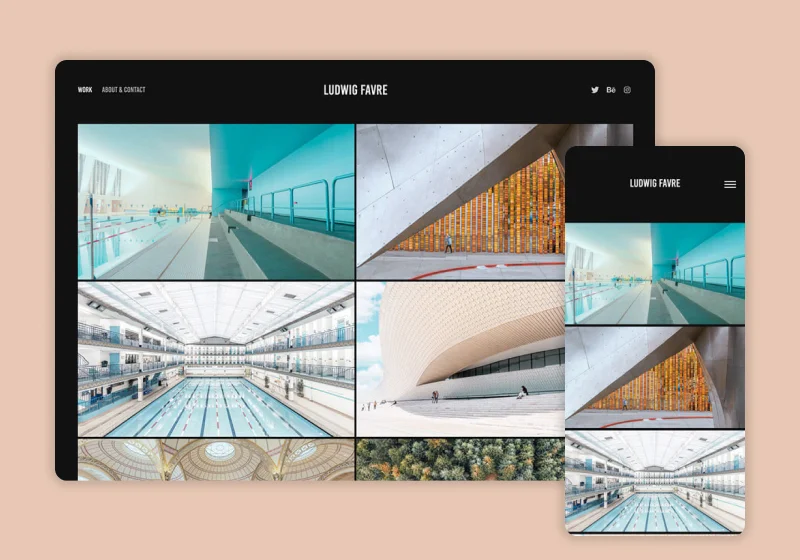Adobe Portfolio Ludwig theme preview showing 16:9 widescreen thumbnails with three-section top navigation