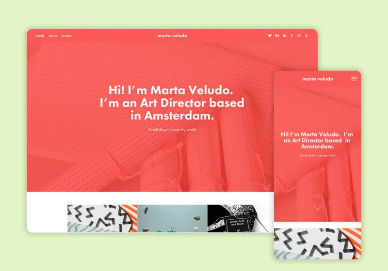 Adobe Portfolio Marta theme preview showing a 4:3 landscape thumbnail grid with expanded navigation options