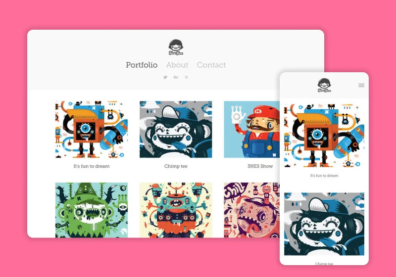 Adobe Portfolio Mercedes theme preview showing a centered vertical navigation stack ideal for illustrators and artists
