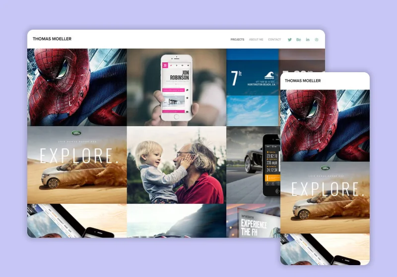 Adobe Portfolio Thomas theme preview showing a clean top-navigation layout with 4:3 landscape thumbnails