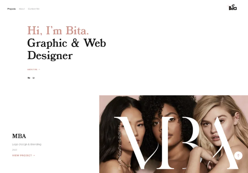 Bita Goli's Adobe Portfolio using the Andreas theme with alternating thumbnail layouts and secondary hover images