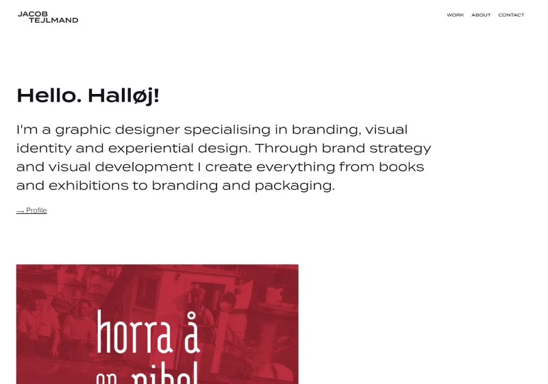 Jacob Tejlmand's minimalist three-project Adobe Portfolio homepage using the Thomas theme