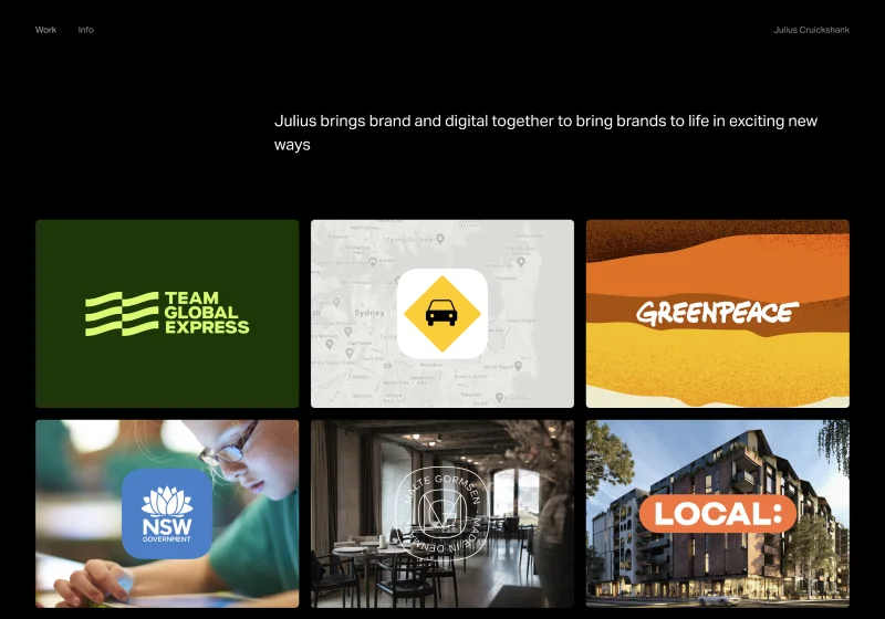 Julius Cruickshank's graphic design portfolio on Adobe Portfolio using the Ludwig theme with rounded project thumbnails