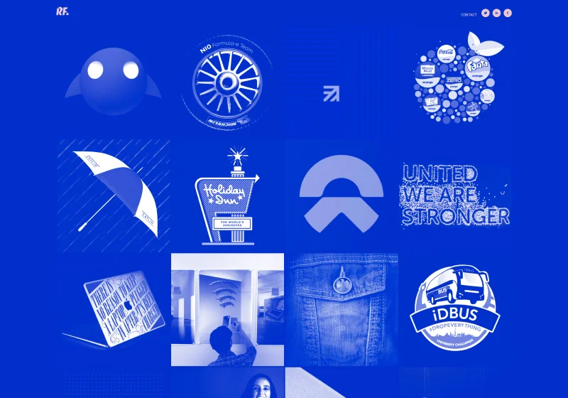 Romain Ferrer's monochromatic blue Adobe Portfolio website using the Thomas theme